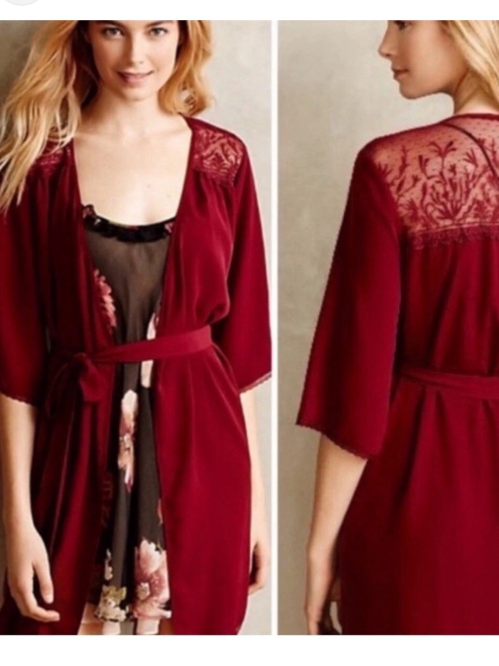 Anthropologie Lace-Detail Robe in Burgundy Red